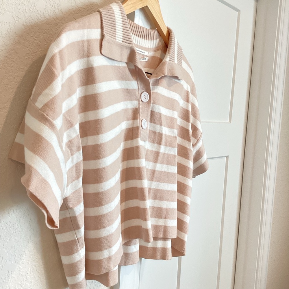 Anthropologie Collared Short Sleeve Sweater Tee Striped Tan White Medium NEW - Picture 5 of 12